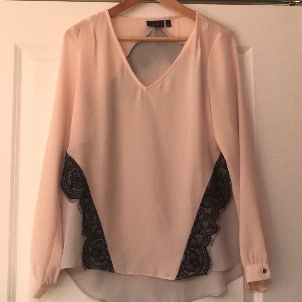 Lace detail blush and gray blouse